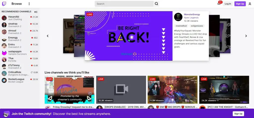 Screenshot of the Twitch homepage