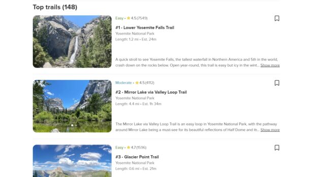Screenshot of top trails on the AllTrails website