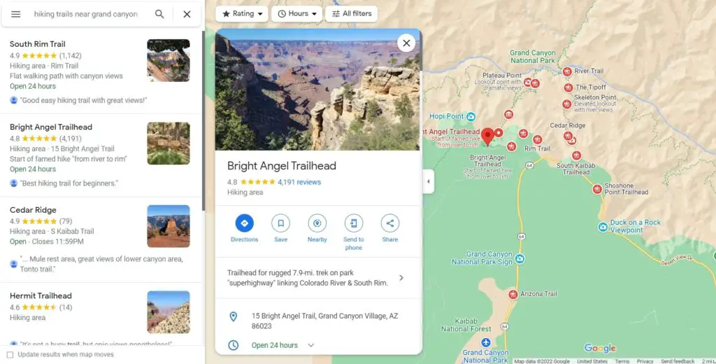 Google Maps search for hiking trails around Grand Canyon National Park