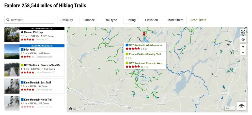Screenshot of New York hiking trails on the Hiking Project website