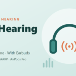 Free hearing tests online, by phone or with earbuds, shown with headphones and sound waves